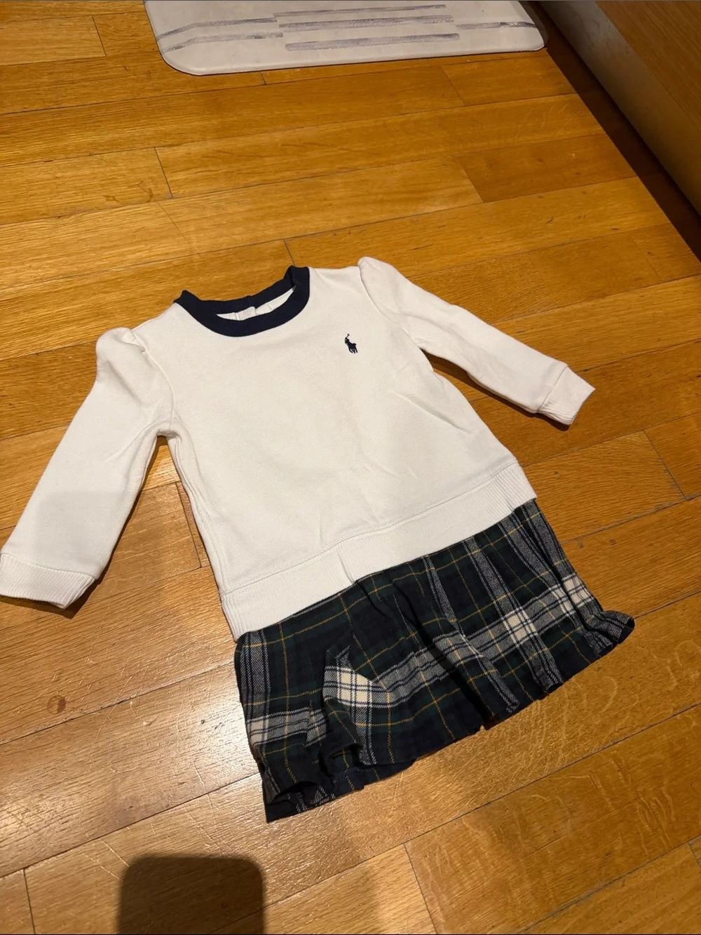 Ralph Lauren Cream Knit Dress with Navy Trim and Green Plaid Skirt - Kids 18M